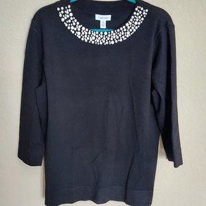Black Shirt with Pearl Studded Collar Detail